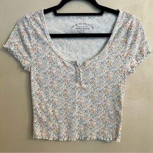 Aeropostale Floral Button Front Baby Shrunken Cropped Tee Rib T Shirt Size M